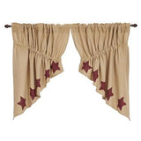 Burlap Natural Burgundy Stencil Star Prairie Swag Curtains - Primitive Star Quilt Shop