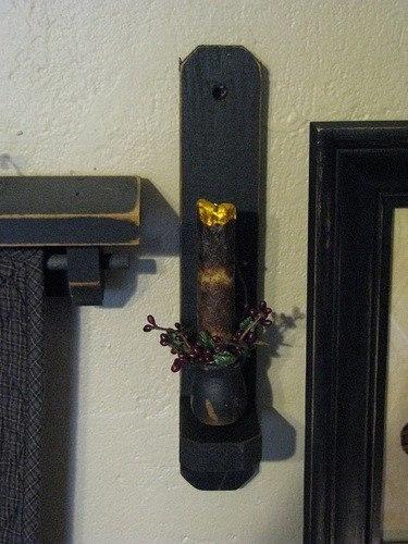 12" Black Wood Sconce - Grungy Drip Ivory Timer Candle - Primitive Star Quilt Shop - 1