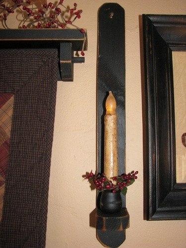 18" Black Wood Sconce - Grungy Ivory Timer Candle - Primitive Star Quilt Shop - 3