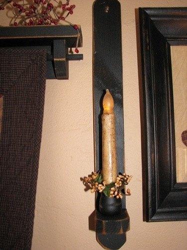 18" Black Wood Sconce - Grungy Ivory Timer Candle - Primitive Star Quilt Shop - 2